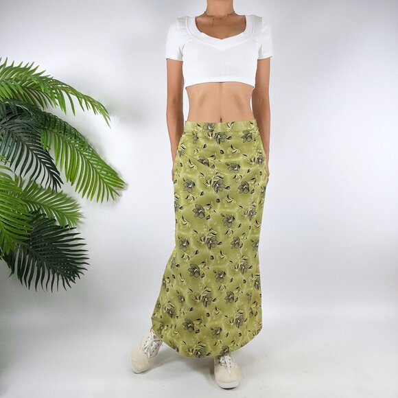 Vintage 90s Green Floral Print Fairycore Low Rise Bohemian Hippie Maxi Skirt /3X - Picture 1 of 6